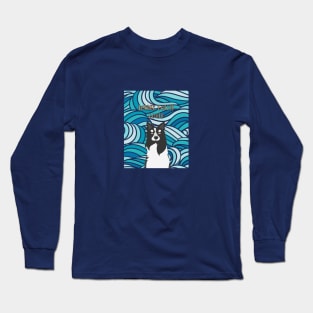 Border Collie Dog Lover with Sea Wave Pattern on Background Long Sleeve T-Shirt